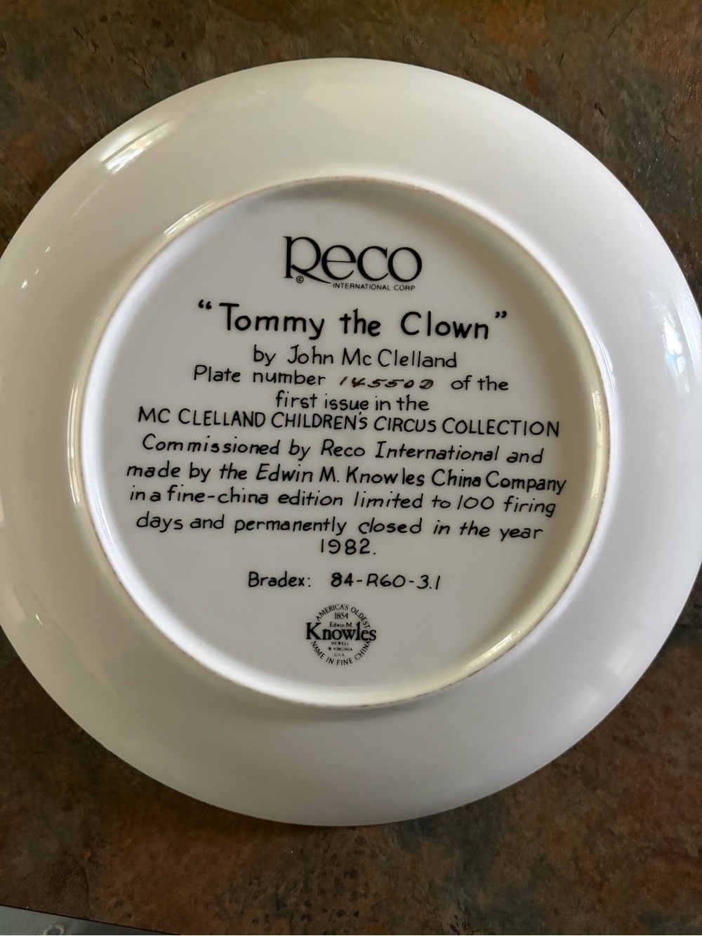 Knowles White and Black Collector Plate Backstamp - 'Tommy the Clown'